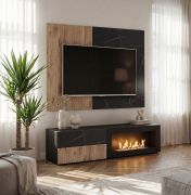 TV-meubel incl. wandpaneel / kleur: eiken vicking / zwart marmer / bio-ethanol schouw / 3 lades / push-to-open functie / 160 x 45 x 120 / 42 cm