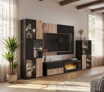 Woonwand / kleur: eiken vicking / zwart marmer / bio-ethanol schouw / incl. LED-verlichting / 280 x 45 x 182 cm / 2 vitrines / 1 TV-onderkast / 1 wandpaneel