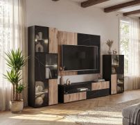 Woonwand / kleur: eiken vicking / zwart marmer / incl. LED-verlichting / 280 x 45 x 182 cm / 2 vitrines / 1 TV-onderkast / 1 wandpaneel / push-to-open functie