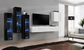 Groot wandmeubel Balestrand 198, kleur: zwart / wit - Afmetingen: 160 x 330 x 40 cm (H x B x D), met LED-verlichting