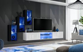 Elegant wandmeubel met LED-verlichting Volleberg 22, kleur: zwart / wit - Afmetingen: 120 x 210 x 40 cm (H x B x D), met veel opbergruimte