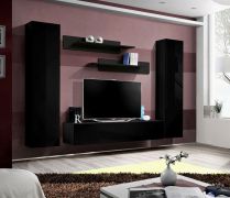 Donker woonkamer wandmeubel Hompland 04, kleur: zwart - Afmetingen: 170 x 260 x 40 cm (H x B x D), met push-to-open functie