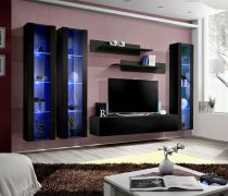 Elegante woonwand Hompland 28, kleur: zwart - Afmetingen: 170 x 260 x 40 cm (H x B x D), met blauwe LED verlichting