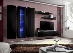 Modern wandmeubel Hompland 36, kleur: zwart - Afmetingen: 170 x 260 x 40 cm (H x B x D), met twee bovenkasten