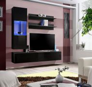 Functioneele woonwand Hompland 84, kleur: zwart - afmetingen: 170 x 160 x 40 cm (H x B x D), met blauwe LED verlichting