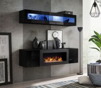 Bijzondere hangvitrine en ladekast / commode met openhaard Hompland 128, kleur: zwart - Afmetingen: 150 x 160 x 40 cm (H x B x D), met LED verlichting