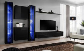 Woonwand in modern Balestrand 242 design, kleur: zwart - Afmetingen: 180 x 330 x 40 cm (H x B x D), met LED-verlichting