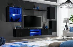Donkere woonwand Volleberg 34, kleur: zwart - Afmetingen: 140 x 250 x 40 cm (H x B x D), met blauwe LED-verlichting