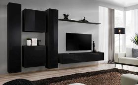 Eenvoudige woonwand Balestrand 82, kleur: zwart - Afmetingen: 180 x 330 x 40 cm (H x B x D), met voldoende opbergruimte
