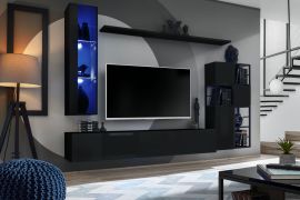 Woonwand in modern Valand 06 design, kleur: zwart - Afmetingen: 170 x 250 x 40 cm (H x B x D), met blauwe LED-verlichting
