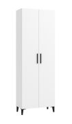 Hoge schoenenkast met twee deuren Derevo 01, kleur: wit, zes vakken, functioneel design, maten: 195 x 67,5 x 35 cm, ABS-randen, handgrepen en poten: zwart