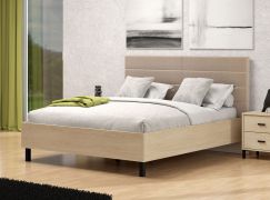 Tweepersoonsbed / gestoffeerd hoofdbord / kleur: eiken licht port / beige / ABS randen / ligvlak: 160 x 200 cm / poten: zwart