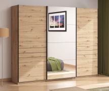 Kledingkast / 3-deurs / 1 spiegeldeur / kleur: Artisan eiken / 3 kledingstangen / afmetingen: 167 x 61 x 217 cm / schuifdeurkast / zeer breedte / 3 vakken