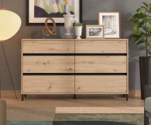 Ladekast / 6 lades / kleur: Artisanaal eiken / modern ontwerp / ABS randen / poten: zwart / afmetingen: 157 x 40 x 90 cm / gemakkelijk te combineren