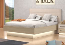Tweepersoonsbed / gestoffeerd hoofdbord / kleur: eiken licht port / beige / ABS randen / ligvlak: 160 x 200 cm / verborgen poten