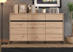 Ladekast / 3 draaideuren / 1,5 m breedte / Kleur: Artisanaal eiken / 3 lades / Afmetingen: 157 x 40 x 90 cm / Dressoir / ABS randen / 6 vakken / Poten: Zwart