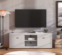 TV-meubel / 2 draaideuren / kleur: kasjmier / 4 vakken / 2 kabeldoorvoeringen / ABS randen / afmetingen: 147,5 x 41 x 53,5 cm / handgrepen en poten: metaal