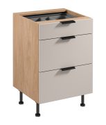 Keuken onderkast | 3 lades | Kleur: eiken Puccini / beige | incl. bestekbak | Soft-Close functie | 60 x 52 x 87 cm | metalen handgrepen | verstelbare poten