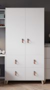 2 meter hoge draaideurkast / kledingkast | Wit | Taygetos 03 | 201 x 105 x 55 cm | 2 deuren | 4 lades | 6 vakken | Effen gekleurd | Leren handgrepen