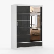Schuifdeurkast / kledingkast met spiegel | 218 x 150 x 61 cm | Zwart / Wit | Lausitz 03 | 2 deuren | 2 lades | 6 vakken | Tweekleurig