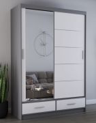 Schuifdeurkast / kledingkast met spiegel | wit / grijs | Lausitz 06 | 218 x 150 x 61 cm | 2 deuren | 2 lades | 6 vakken | veel opbergruimte
