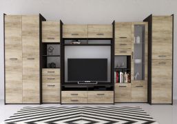 Woonwand zwart / lichtbruin / Vercors 03 / 200 x 360 x 53 cm / 1 deur / uit meerdere delen bestaande set / front in houtlook / ruim opbergvermogen / rechthoekig model