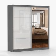 Schuifdeurkast / kledingkast met spiegel wit / grijs | Gorski 31 | 218 x 203 x 61 cm | 2 deuren | 6 vakken | veel opbergruimte | tweekleurig