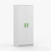 Kledingkast / Draaideurkast | Smolikas 68 | Wit | 2 deuren | 192 x 80 x 50 cm | 5 vakken | groene houten handgrepen | 1 kledingroede | hoekig