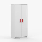 Draaideurkast / Kledingkast / 192 x 80 x 50 cm / Wit / Smolikas 69 / 2 deuren / kledingstang / rode houten handgrepen / 5 vakken / veel opbergruimte