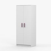 Kledingkast / Draaideurkast | wit | Smolikas 70 | 2 deuren | paarse houten handgrepen | 192 x 80 x 50 cm | 5 vakken | 1 kledingroede | hoekig