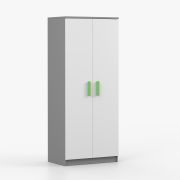 Kledingkast / Draaideurkast / wit / grijs / Smolikas 60 / 2 deuren / 192 x 80 x 50 cm / groene houten handgrepen / 5 vakken / 1 kledingstang