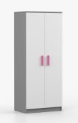Kleiderschrank / Drehtürenschrank | Smolikas 58 | Weiß / Grau | 2 Türen | 1 Kleiderstange | 192 x 80 x 50 cm | 5 Fächer | rosa Holzgriffe | eckig