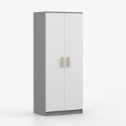 Kledingkast / Draaideurkast / Smolikas 63 / Wit / Grijs / 2 deuren / 192 x 80 x 50 cm / bruine houten handgrepen / 5 vakken / 1 kledingstang