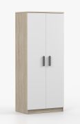 Kledingkast / Draaideurkast / wit / Sonoma eiken / Smolikas 56 / 2 deuren / 192 x 80 x 50 cm / grijze houten handgrepen / 5 vakken / kledingroede