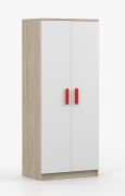 Kledingkast / Draaideurkast / Smolikas 53 / Wit / Sonoma eiken / 2 deuren / 192 x 80 x 50 cm / 5 vakken / rode houten handgrepen / kledingroede