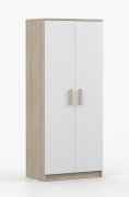 Kledingkast / Draaideurkast / wit / Sonoma eiken / Smolikas 55 / 2 deuren / bruine houten handgrepen / 5 vakken / kledingstang / 192 x 80 x 50 cm