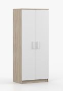 Draaideurkast / kledingkast Wit / Sonoma eiken / Smolikas 57 / 192 x 80 x 50 cm / 2 deuren / 5 vakken / kledingstang / ronde witte houten handgrepen