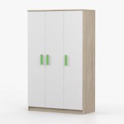 Kledingkast / Draaideurkast / 192 x 120 x 50 cm / Garderobestang / Houten handgrepen / Smolikas 103 / Wit / Sonoma eiken / 9 vakken / 3 deuren