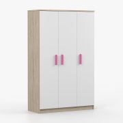 Kledingkast / Draaideurkast / Houten handgrepen / Wit / Sonoma eiken / Kledingstang / 192 x 120 x 50 cm / Smolikas 101 / 3 deuren / 9 vakken