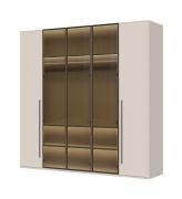 Grote kledingkast met drie glazen deuren Neiafu 15, kleur: kasjmier, maten: 224 x 227 x 56 cm, incl. binnenverlichting, Soft-Close functie, drie kledingstangen