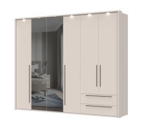 Brede draaideurkast met LED-lijst Neiafu 79, kleur: kasjmier, twee spiegeldeuren, twee laden, soft-close functie, afmetingen: 224 x 272 x 56 cm