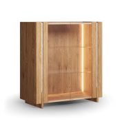 Vitrine kast / Kleur: eiken / Massief hout / Geolied eikenhout / Travertijnsteen / 100 x 46 x 106 cm / 2 deuren met glas / 3 vakken / incl. LED verlichting