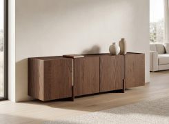 TV-onderkast / Kleur: Tabacco / 4 deuren / Massief hout / Geolied eikenhout / Travertijnsteen / 180 x 46 x 56 cm / 6 vakken / Functionele uitstraling