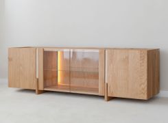 TV-onderkast / Kleur: gebleekt eiken / Massief hout / Geolied eikenhout / Travertijnsteen / 180 x 46 x 56 cm / Achterwand: HDF / incl. LED verlichting