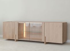 TV-onderkast / Kleur: eiken / Massief hout / Geolied eikenhout / Travertijnsteen / 180 x 46 x 56 cm / Achterwand: HDF / incl. LED verlichting