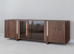 TV-onderkast / Kleur: Tabacco / Massief hout / Geolied eikenhout / Travertijnsteen / 180 x 46 x 56 cm / Achterwand: HDF / incl. LED verlichting