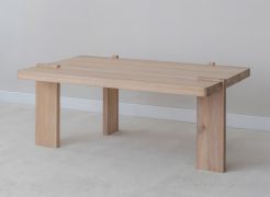 Salontafel / Kleur: gebleekt eiken / Massief hout / Geolied eikenhout / Travertijnsteen / 102 x 60 x 41,5 cm / stevige poten / Minimalistisch