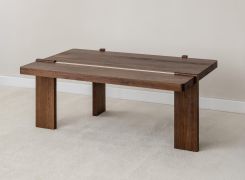 Salontafel / Kleur: Tabacco / Massief hout / Geolied eikenhout / Travertijnsteen / 102 x 60 x 41,5 cm / Stevige poten / Minimalistisch