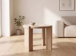 Salontafel / Kleur: gebleekt eiken / Massief hout / Geolied eikenhout / Travertijnblad / 66 x 66 x 47 cm / Stevige poten / Minimalistisch