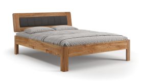 Eenpersoonsbed / logeerbed / massief hout / geolied eikenhout / gestoffeerd hoofdbord / 180 x 200 cm / minimalistisch / unieke houtstructuur
